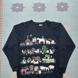Vintage 80s crewneck sweatshirt farm barn animals cute puff print black L/XL